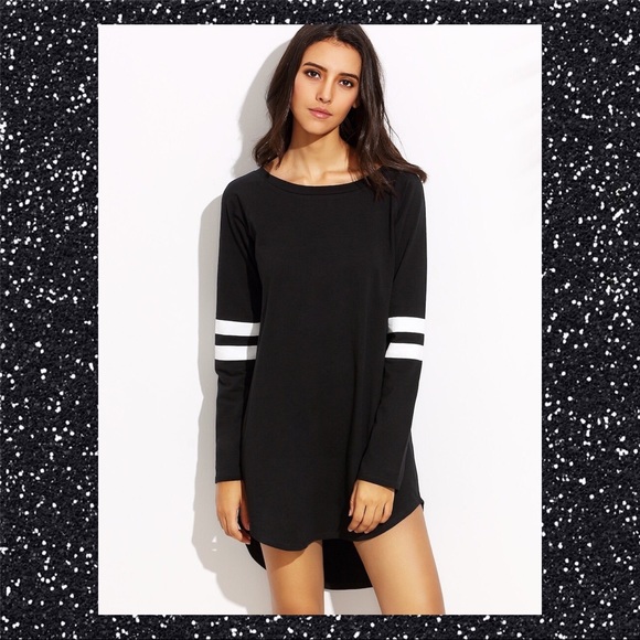 🤶BLACK AND WHITE STRIPED DIP HEM TEE DRESS SZ M🤶 - Picture 2 of 7